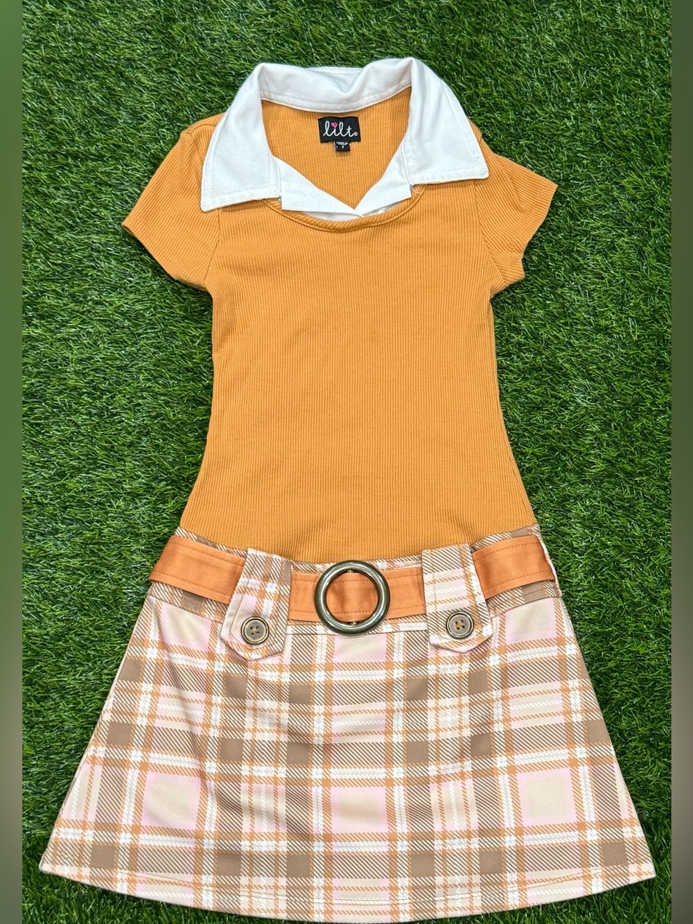 Lilt Girls A-Line Dress Sz 7 Brown Ribbed Collared Plaid Belted Buttons